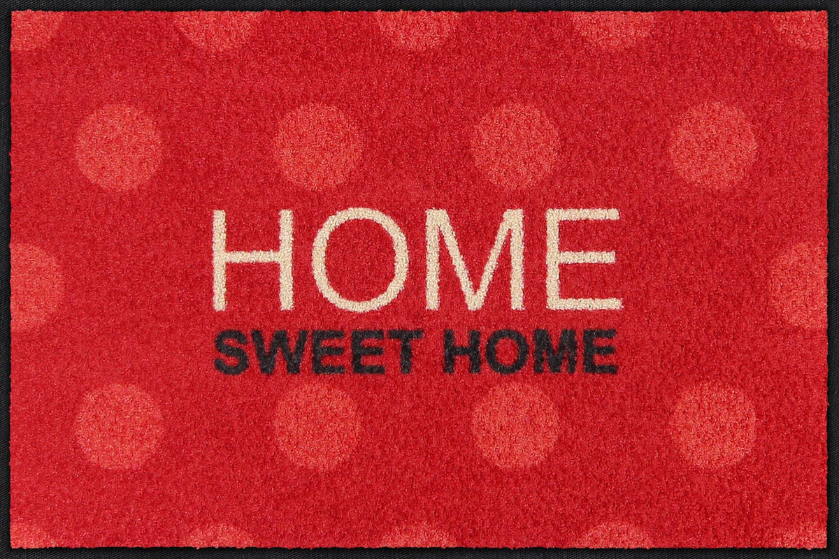 Salonloewe Fußmatte mit Schriftzug „Home Sweet Home“ und Punkten auf rotem Hintergrund